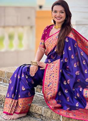 Designer blue zari weaving work paithani silk saree 3