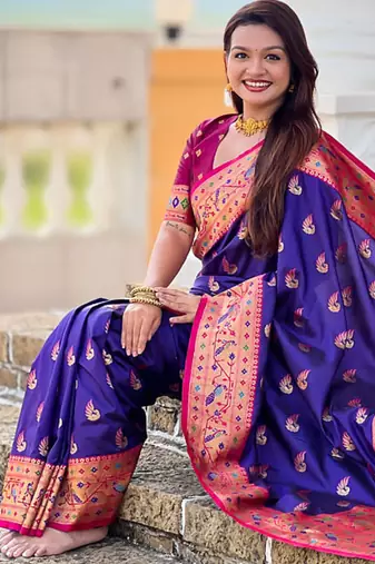 Designer blue zari weaving work paithani silk saree