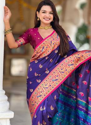 Designer blue zari weaving work paithani silk saree 4