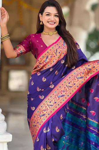 Designer blue zari weaving work paithani silk saree