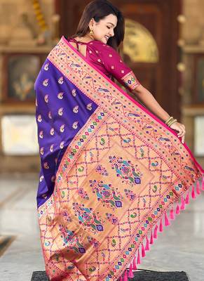 Designer blue zari weaving work paithani silk saree 5