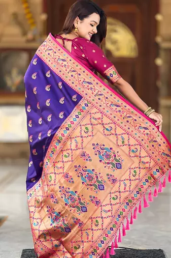Designer blue zari weaving work paithani silk saree