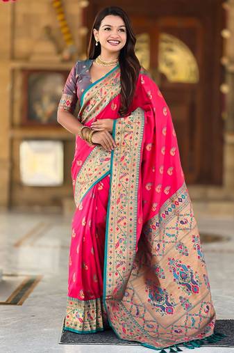 Designer pink zari weaving work paithani silk saree