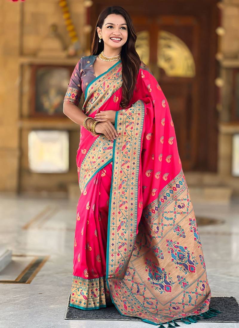 Designer pink zari weaving work paithani silk saree