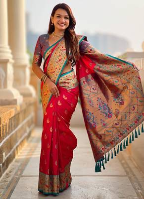 Designer pink zari weaving work paithani silk saree 2