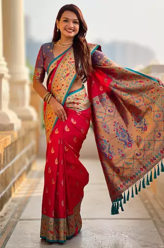 Designer pink zari weaving work paithani silk saree