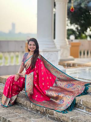 Designer pink zari weaving work paithani silk saree 3