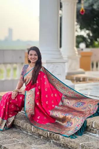 Designer pink zari weaving work paithani silk saree