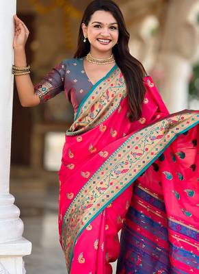 Designer pink zari weaving work paithani silk saree 4