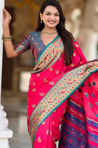 Designer pink zari weaving work paithani silk saree