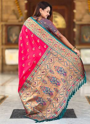 Designer pink zari weaving work paithani silk saree 5