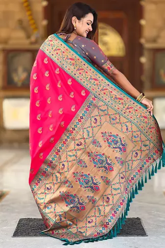 Designer pink zari weaving work paithani silk saree