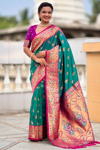 Designer teal green zari weaving work paithani silk saree