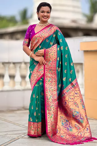 Designer teal green zari weaving work paithani silk saree