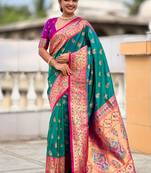 Designer teal green zari weaving work paithani silk saree