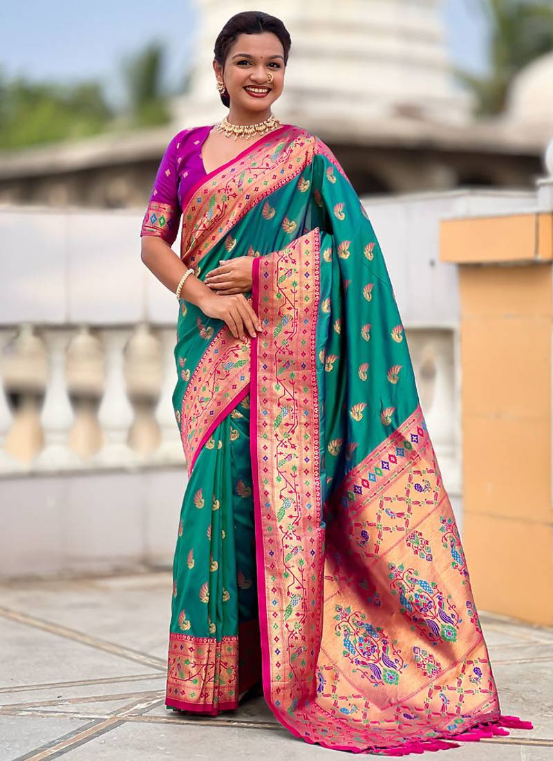 Designer teal green zari weaving work paithani silk saree