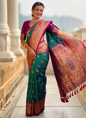 Designer teal green zari weaving work paithani silk saree 2