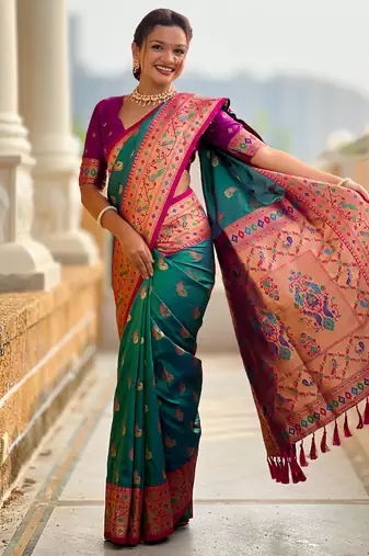 Designer teal green zari weaving work paithani silk saree