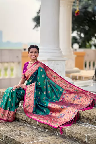 Designer teal green zari weaving work paithani silk saree