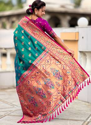 Designer teal green zari weaving work paithani silk saree 4