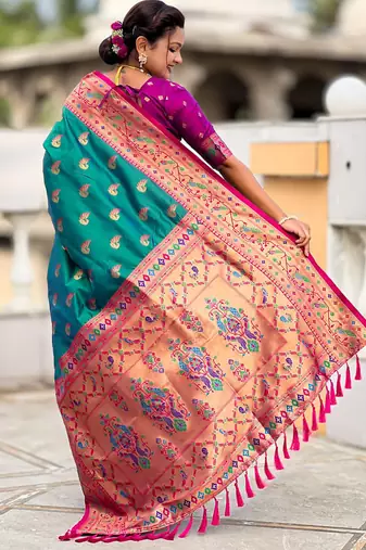 Designer teal green zari weaving work paithani silk saree