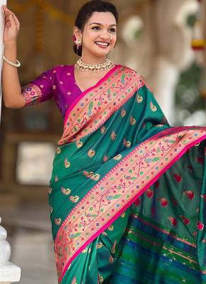 Designer teal green zari weaving work paithani silk saree 5