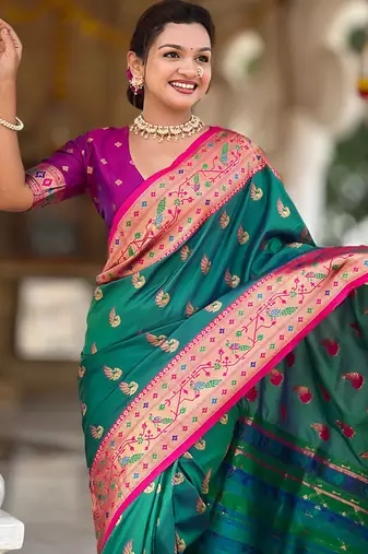Designer teal green zari weaving work paithani silk saree