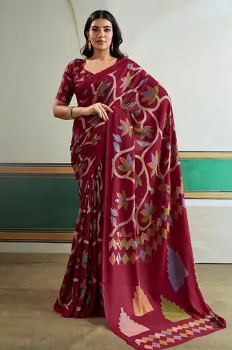 Maroon color soft modal satin ajrakh print saree – timeless ethnic collection