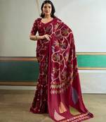 Maroon color soft modal satin ajrakh print saree – timeless ethnic collection