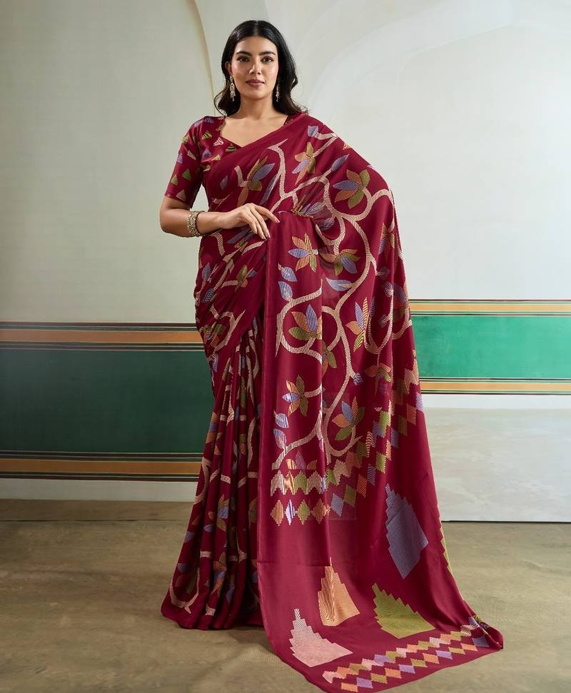 Maroon color soft modal satin ajrakh print saree – timeless ethnic collection