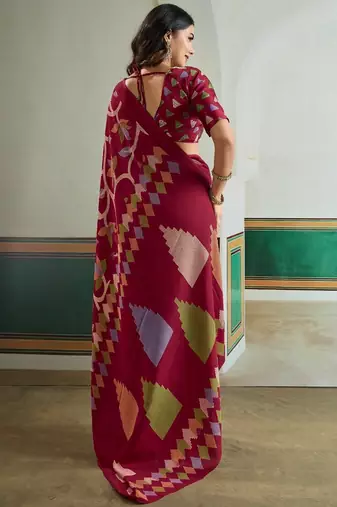 Maroon color soft modal satin ajrakh print saree  timeless ethnic collection
