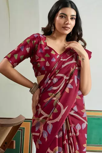 Maroon color soft modal satin ajrakh print saree  timeless ethnic collection