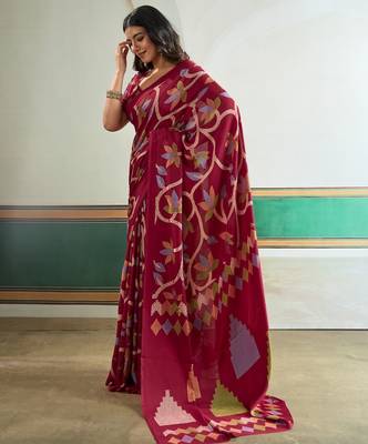 Maroon color soft modal satin ajrakh print saree  timeless ethnic collection 5