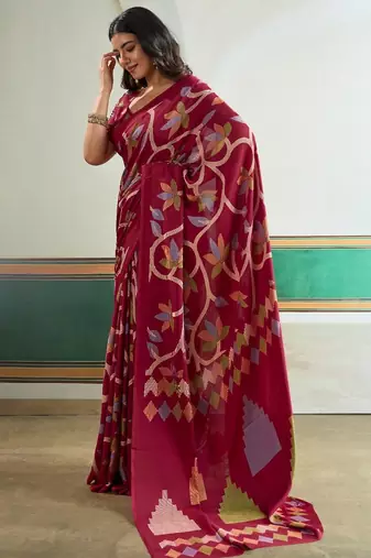 Maroon color soft modal satin ajrakh print saree  timeless ethnic collection