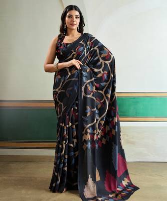 Black color soft modal satin ajrakh print saree  timeless ethnic collection 1