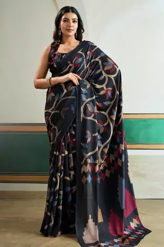 Black color soft modal satin ajrakh print saree – timeless ethnic collection