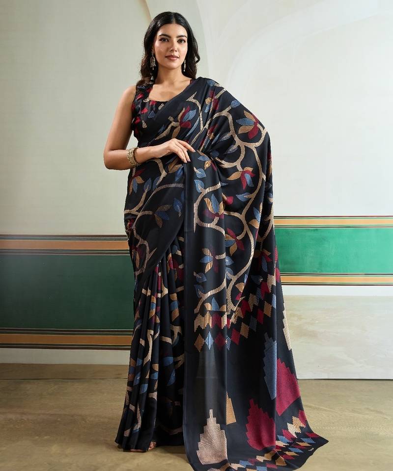 Black color soft modal satin ajrakh print saree – timeless ethnic collection