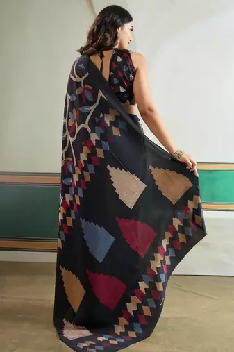 Black color soft modal satin ajrakh print saree  timeless ethnic collection