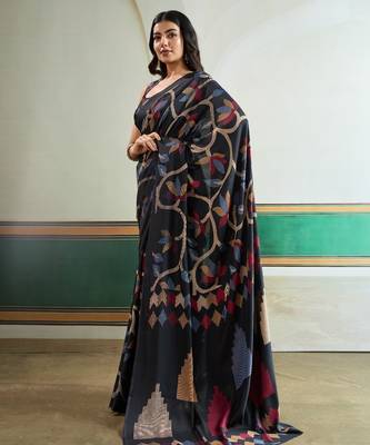 Black color soft modal satin ajrakh print saree  timeless ethnic collection 4