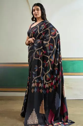 Black color soft modal satin ajrakh print saree  timeless ethnic collection
