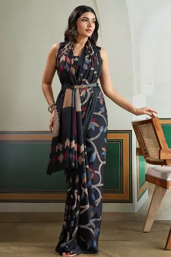 Black color soft modal satin ajrakh print saree  timeless ethnic collection
