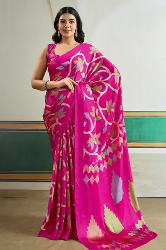 Pink color soft modal satin ajrakh print saree – timeless ethnic collection