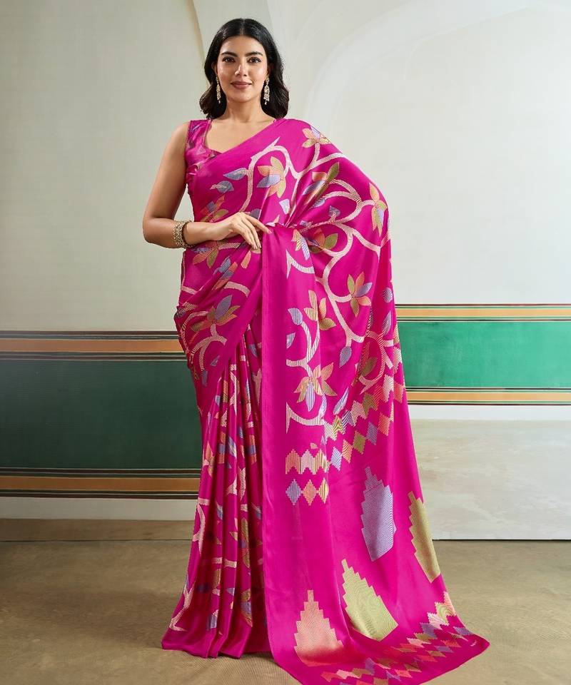 Pink color soft modal satin ajrakh print saree – timeless ethnic collection