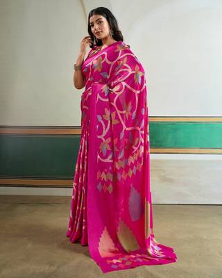 Pink color soft modal satin ajrakh print saree  timeless ethnic collection 3