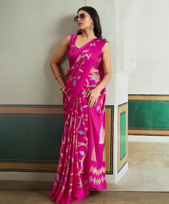 Pink color soft modal satin ajrakh print saree  timeless ethnic collection 5