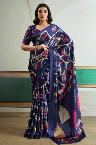 Blue color soft modal satin ajrakh print saree – timeless ethnic collection