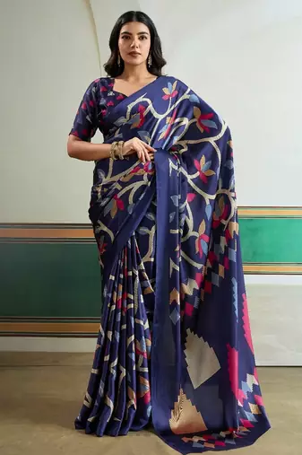 Blue color soft modal satin ajrakh print saree – timeless ethnic collection