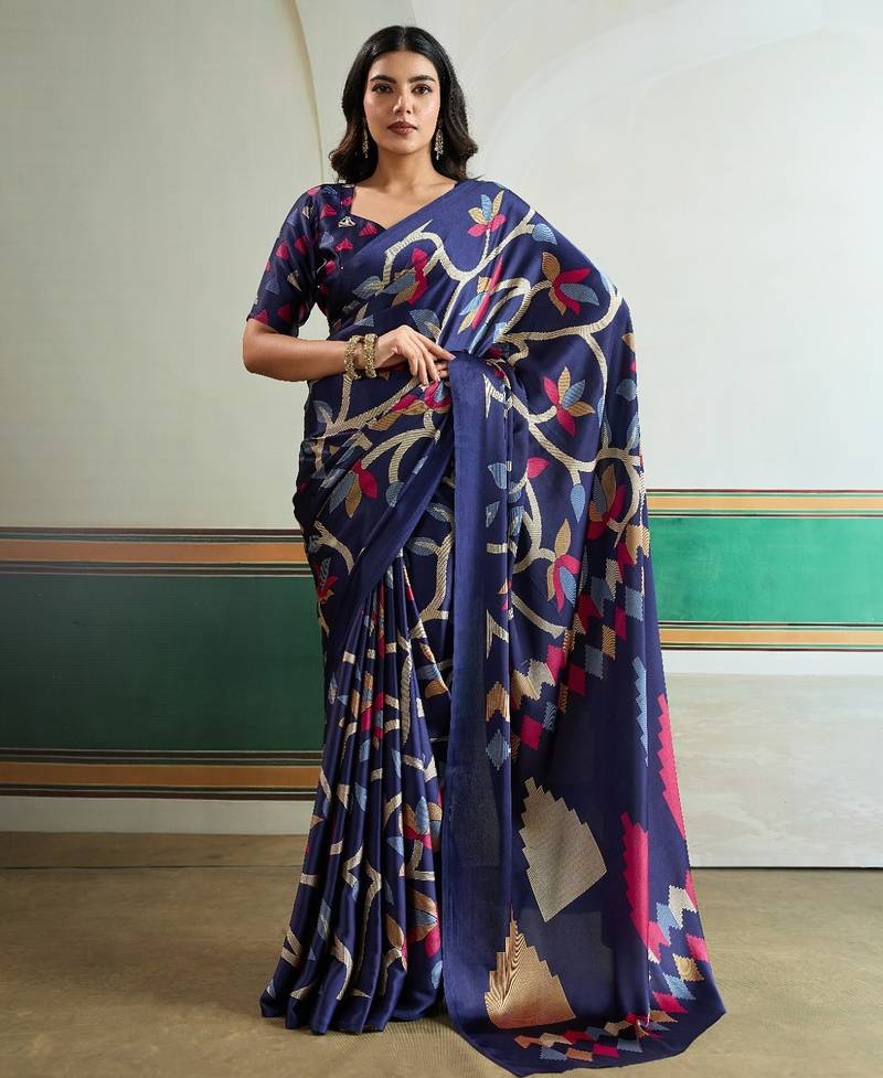 Blue color soft modal satin ajrakh print saree – timeless ethnic collection