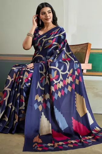 Blue color soft modal satin ajrakh print saree timeless ethnic collection