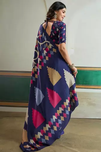 Blue color soft modal satin ajrakh print saree timeless ethnic collection